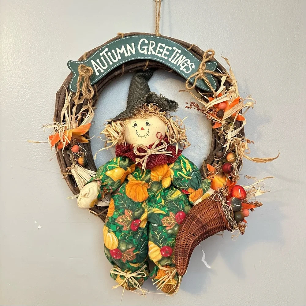 Vintage 1990s Autumn Harvest Wreath with Scarecrow & Fall Vegetables